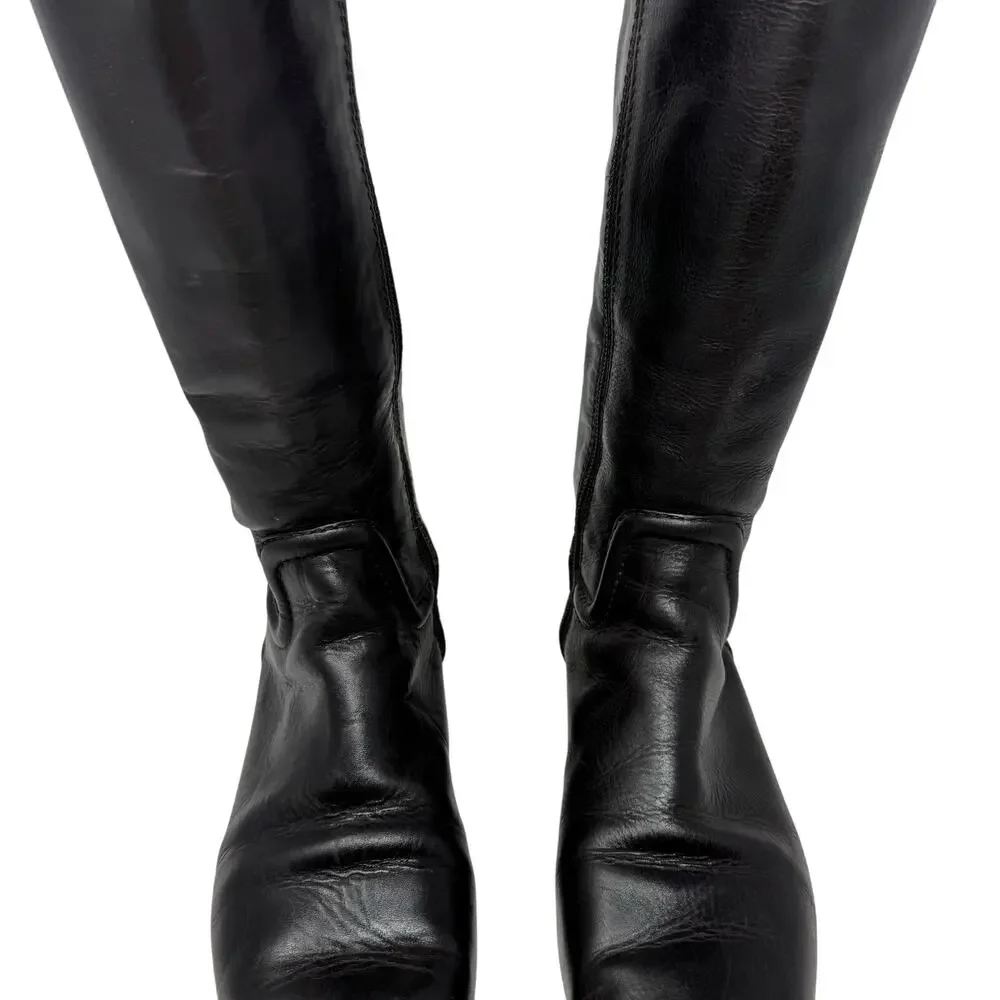 Tory Burch Selma Black Leather Knee High Riding Boots Gold Logo Women’s Size 7
